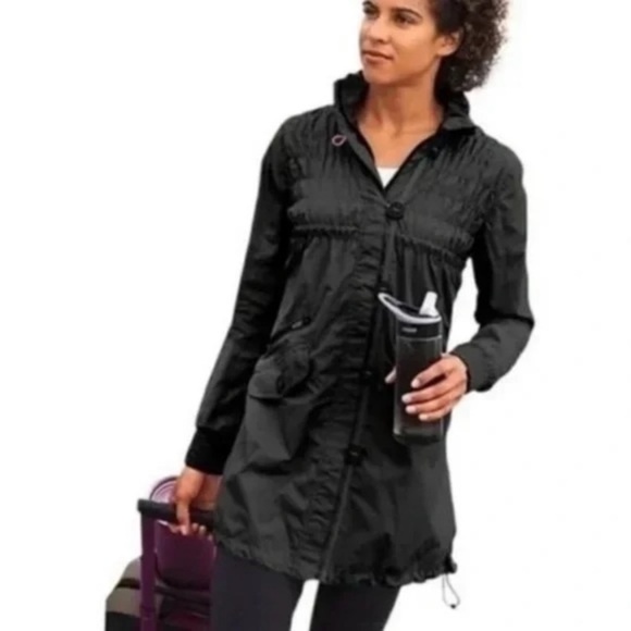 Athleta Black Shock Cord Smocked Anorak Long Jacket XS - Picture 2 of 12